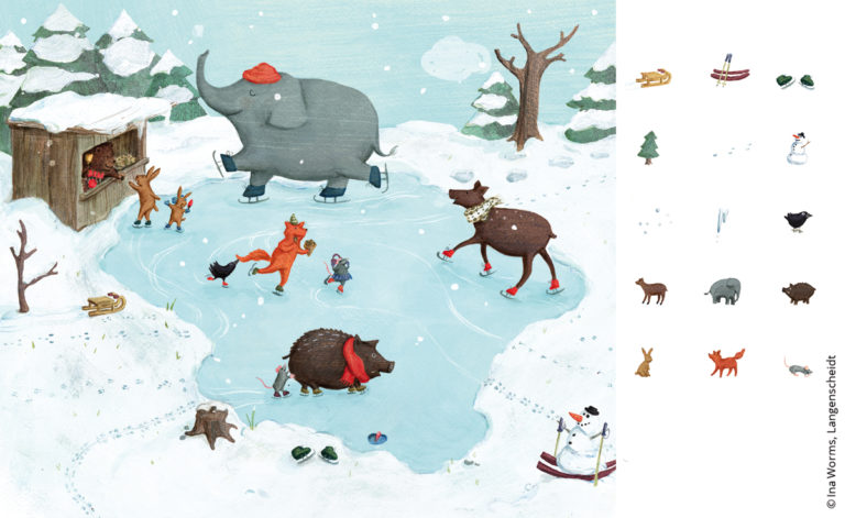 Spuren im Schnee, Schlittschulaufen, Tiere, Wimmelbild, Elefant, Illustration, Illustratorin, Kinderbuch, Köln