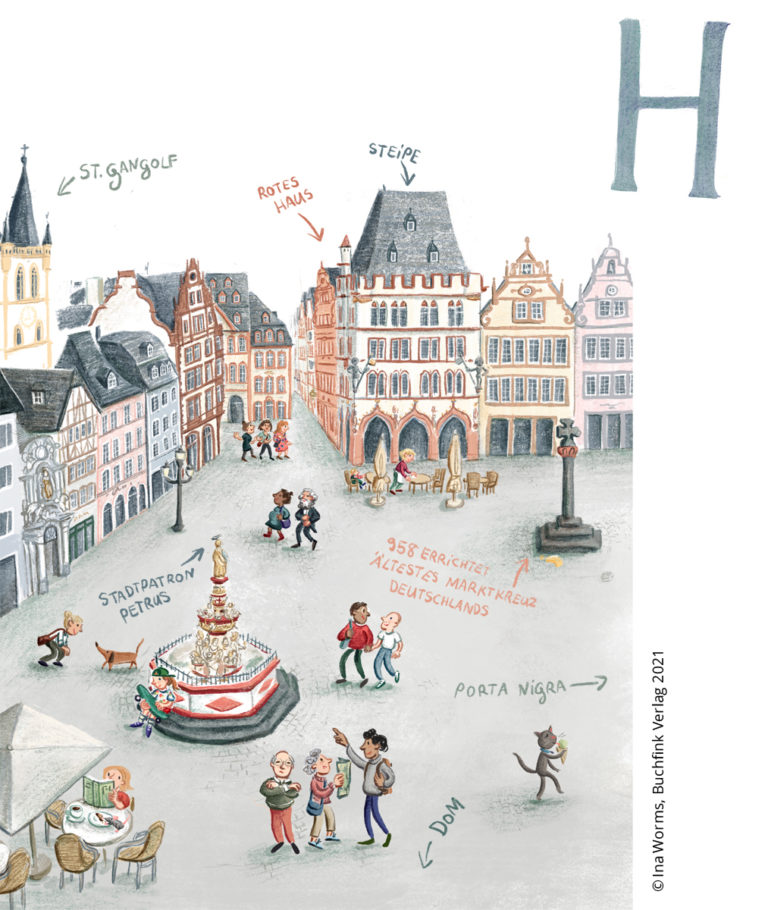 Trier, Hauptmarkt, Bilderbuch, Illustration, Ina Worms, Kinderbuch, Wimmelbild